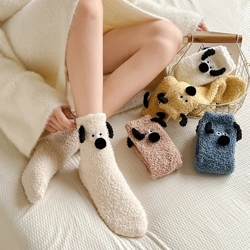 Puppy Sleeping Socks 3D That No Shed Fur Coral Fleece Socks Child Warm Home Floor Socks Cartoon Plush Women Socks Trendy New