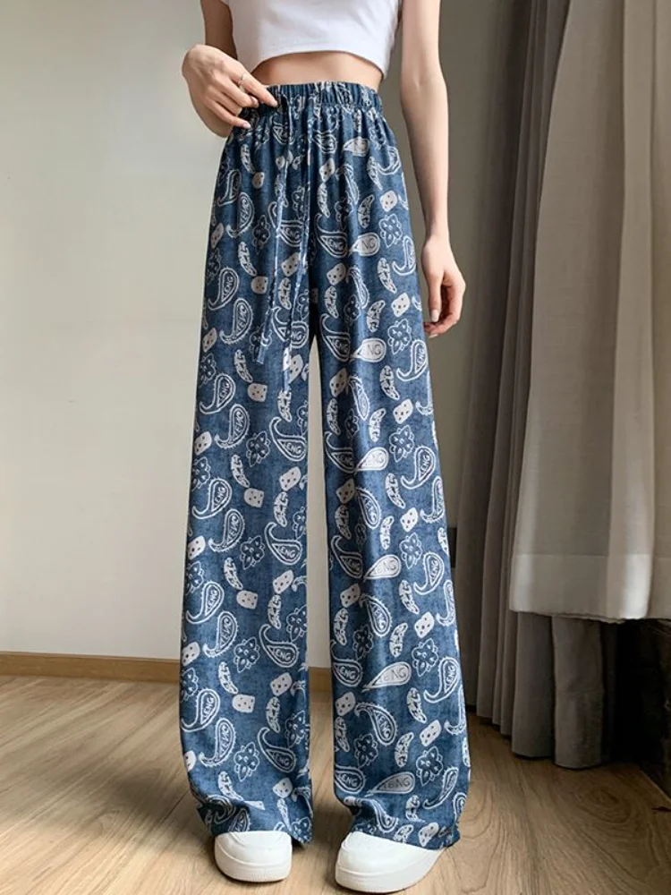 Fashion Print Wide Leg Pants Women 2023 New High Wiasted Vintage Straight Pants Ladies Korean Casual Chiffon Pants