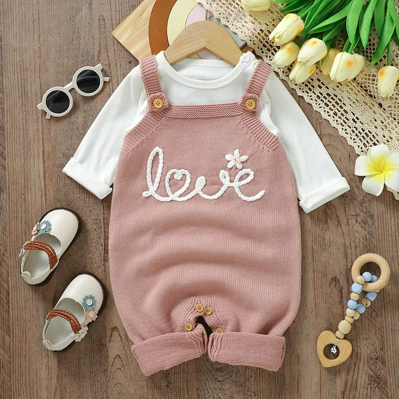 Baby Romper Knitted Fashion Letters Girl Pink Jumpsuit Sleeveless Autumn Infant Kid Sling Clothes 0-18M Overalls Summer Playsuit