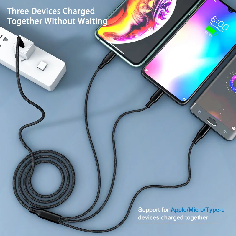 3 in 1 USB C To Micro USB Type C PD Cable For iPhone 14 13 Xiaomi Huawei Honor Mobile Phone Nylon Cord Multi Plug Charging Wire