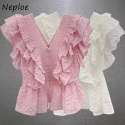 Neploe Elegant Sweet V-neck Ruffles Blusas Mujer 2024 Summer New Slim Fit Shirts Women Fashion All-match Backless Blouses