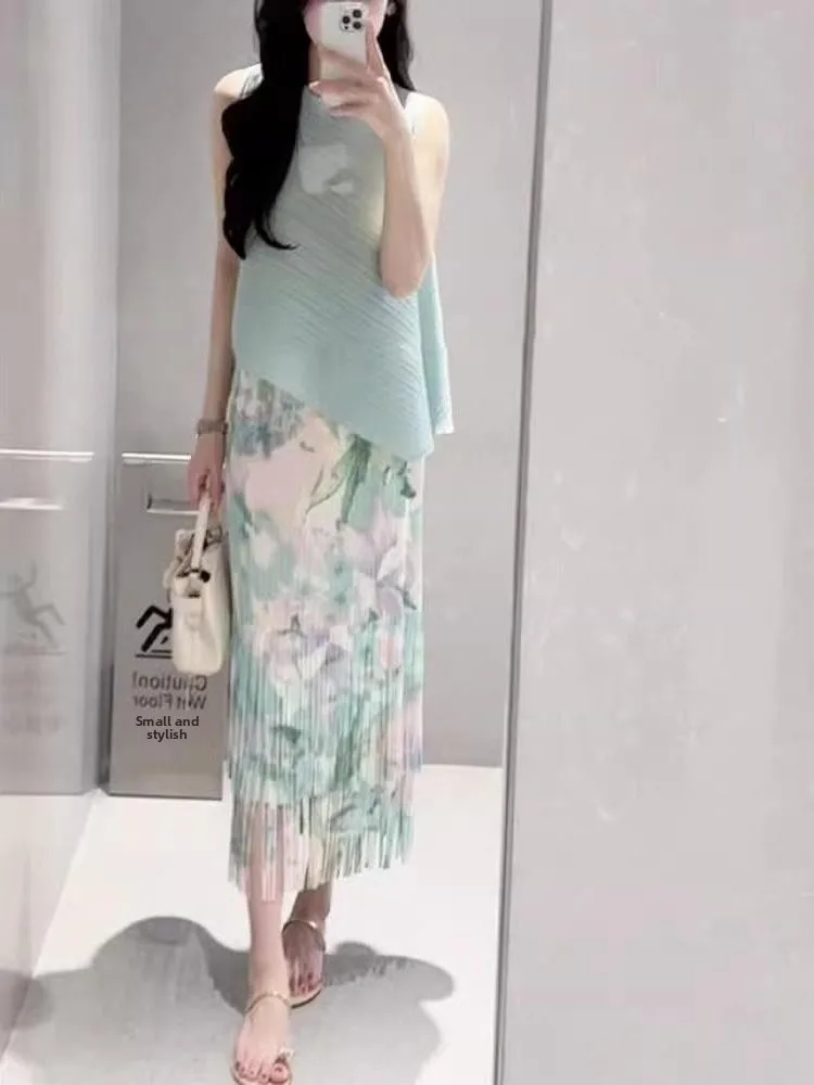 Summer Tea Break Casual Style Green Printed Tassel Skirt Top Sleeveless Fashionable Two-Piece Women's Set Half-length Skirt