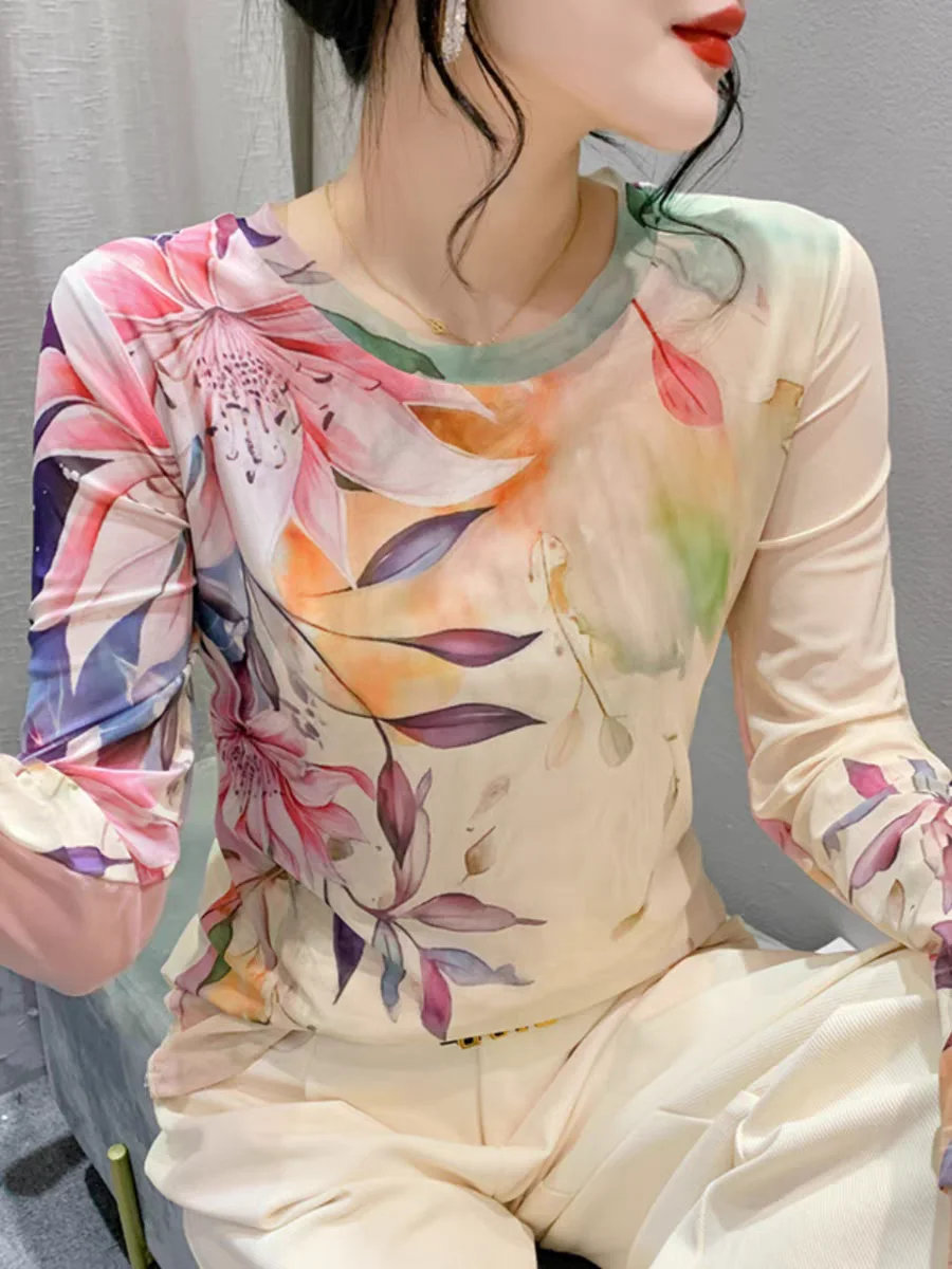 2024 Spring Summer Intimated Silk Fabric T-shirts For Women Fairy Printing Floral Tee Shirt Female Slim High Stretch Top