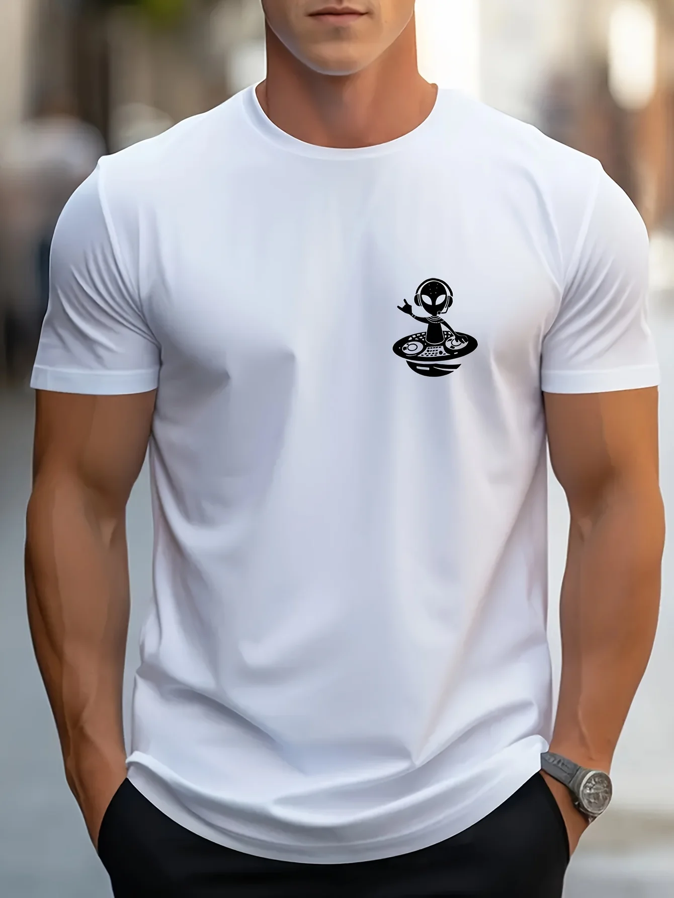 

Alien DJ Print Men's Casual T-shirt, Short Sleeve Tee Tops, Summer Outdoor Sports Clothing