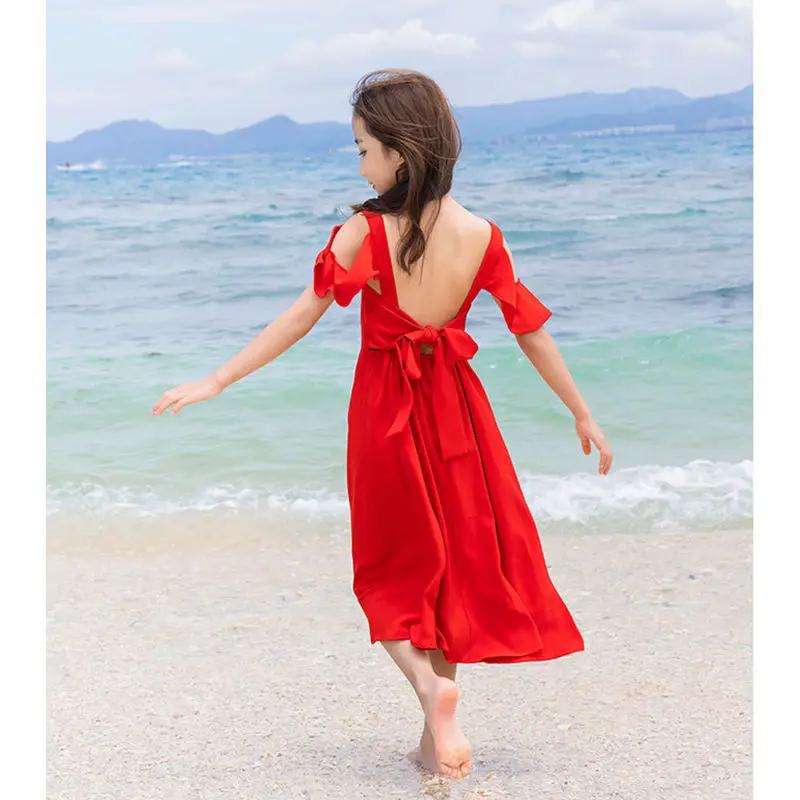 2024 Summer Family Matching Red Clothes Vacation Look Mother Daughter Matching Party Dress Father and Son T Shirt Two Piece Set