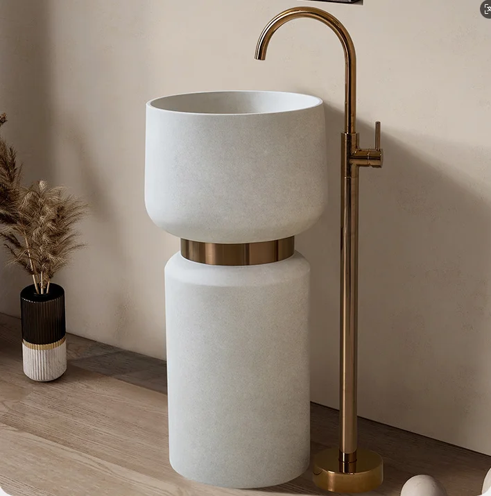 Modern Matte White Sanitary Wares European Artificial Stone Bathroom Freestanding Hand Wash Basin Pedestal Sink For Hotel