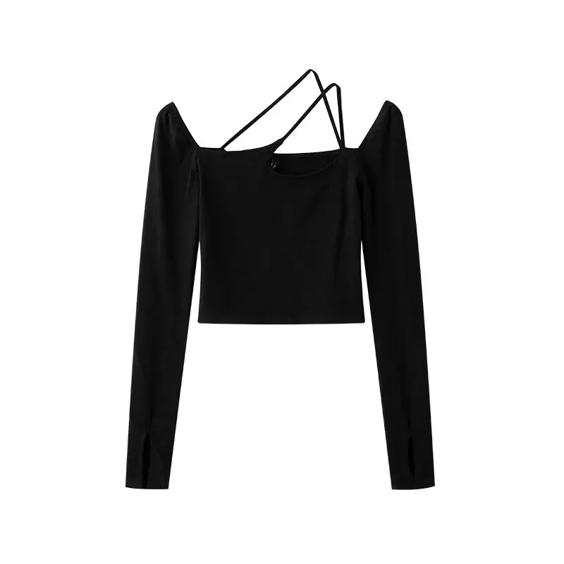 

Long sleeve crop top sexy t-shirt streetwear halter tops women 2022 Summer asymmetrical top black cropped t shirt criss cross