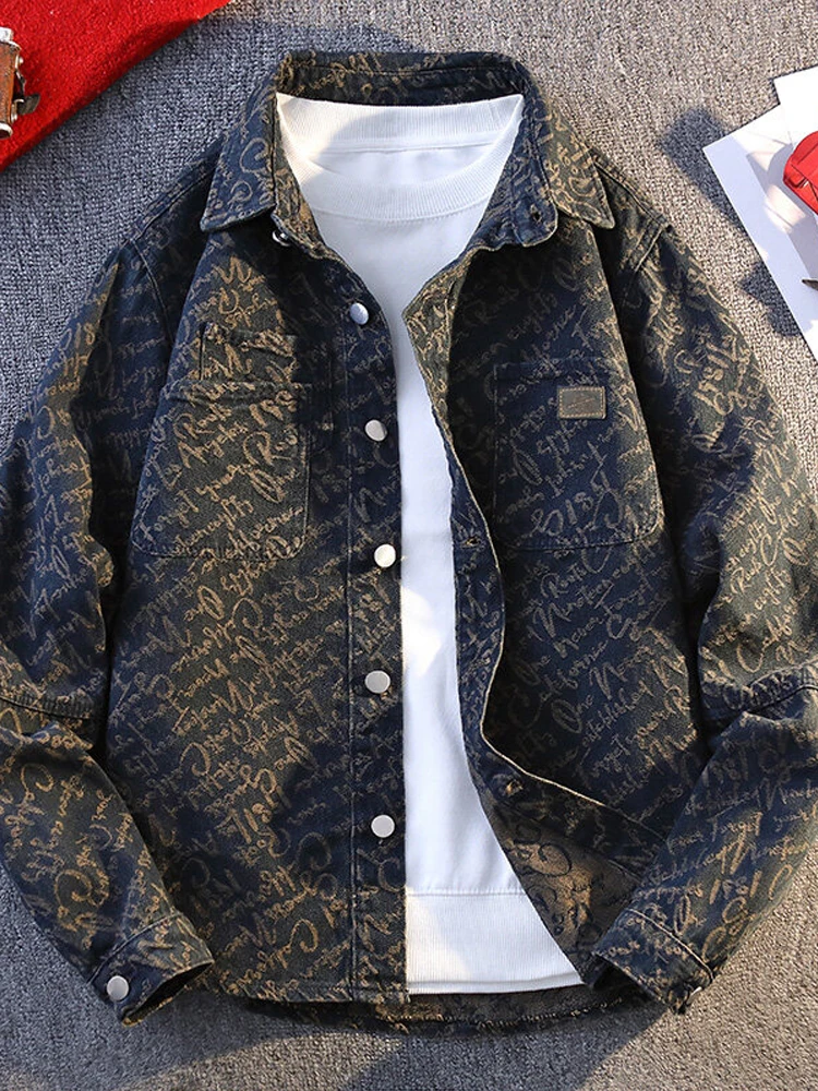 

Retro American Embroidered Denim Jaet Men's Spring Autumn New Trend Casual Long Sve Workwear irt Jaet for Teens