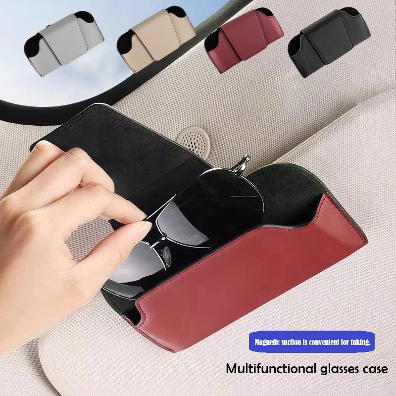 Multifunctional Sunglasses Case Magnetic Car Artificial Leather Eyeglasses Holder Sun Visor Glasses Box Clip Fastener Storage