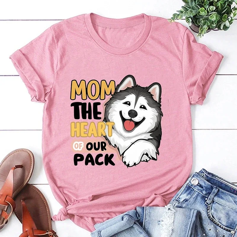 Mother's Day MOM The Heart of Our Pack Husky Graphic Print T-shirt Summer Women Short Sleeve Fashion Personality Casual Y2k Tops