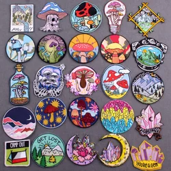 Mushroom Iron On Patches On Clothes Stripes Camping Adventure Clothing Stickers Hook Loop Embroidered Patches For Jacket Decor