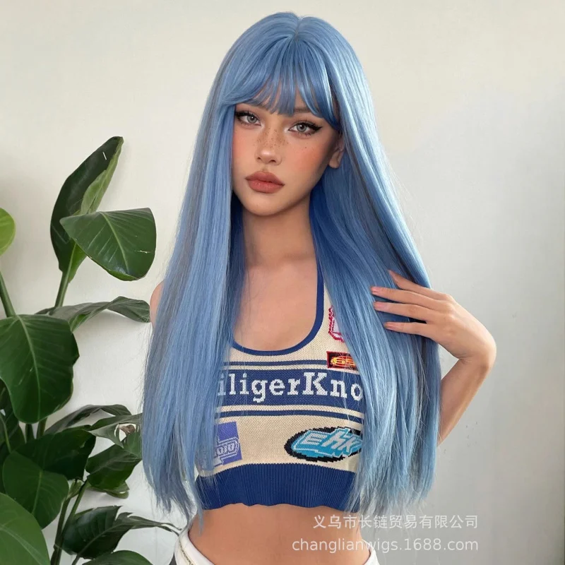 

Аниме-парик для женщин, из синтетического волокна, естественно пышный, с воздушной челкой, длинные прямые волосы, на всю голову, в стиле парика Xuchang.