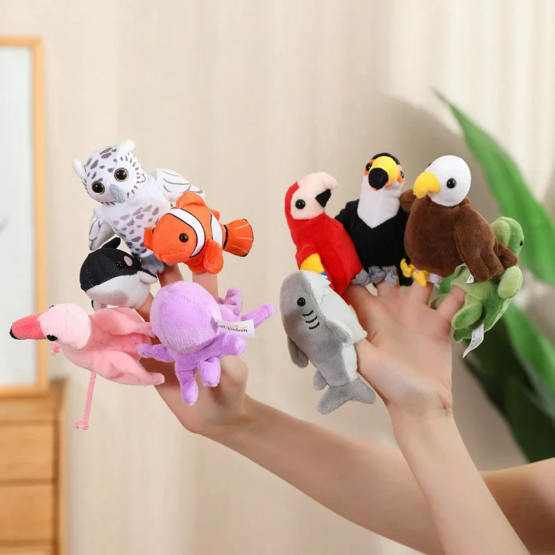 Marionnette à doigt en peluche, Animal de mer de dessin animé, jouets mignons et doux, Mini perroquet réaliste, paon, requin, poulpe, jouet amusant, accessoires de jeu