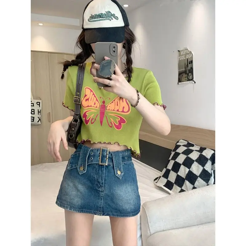 Summer Trend Printing O-neck Short Sleeve Top Tee Femme Sweet Pleated Pullover Slim Thin T-Shirt Women Clothing Fashion Crop Top