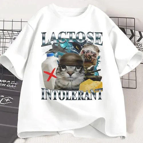 Imagen 2 del producto Camiseta con Meme de gato divertido intolerante de lactosa para hombre y mujer, camisetas de manga corta a la moda Retro, camisetas informales acogedoras de algodón de gran tamaño