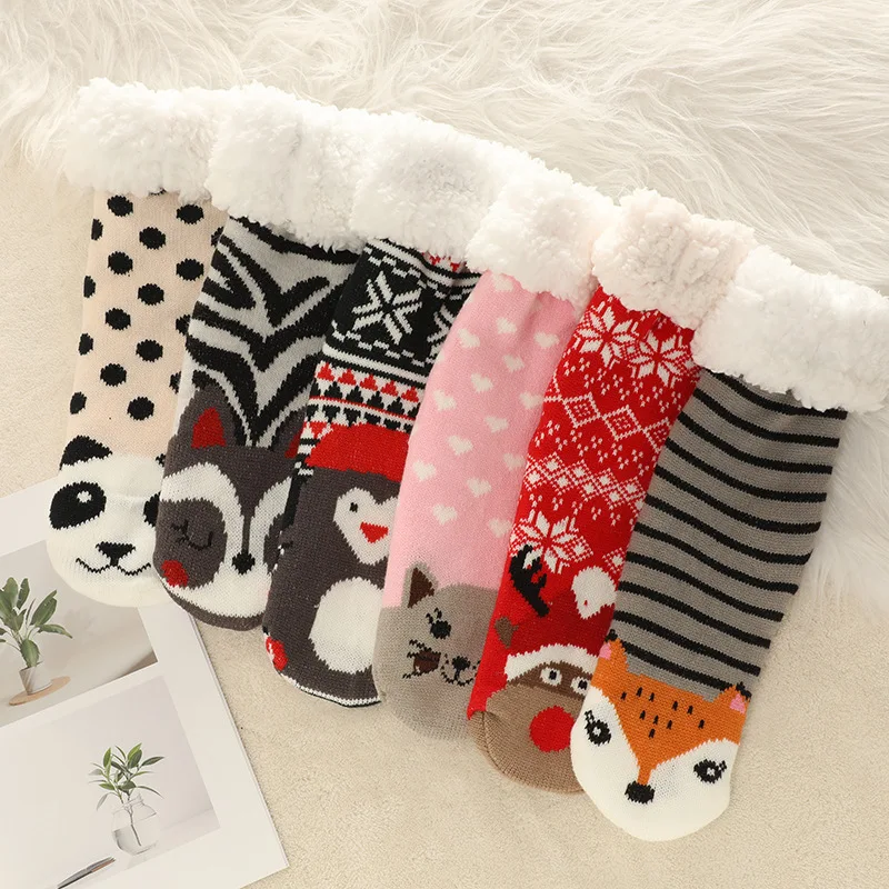 1 piece of girls' thick plush floor socks，slippers socks,warm confinement socks,home socks, sleeping socks, Christmas gift socks