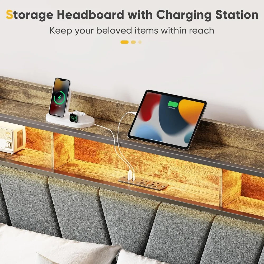 سرير تخزين منجد بإطار رفع، إطار سرير مضاء بإضاءة LED مع قاعدة شحن، سرير بمنصة معدنية مع مخزن من طبقتين