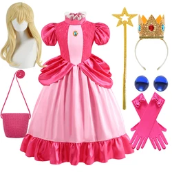 Meninas Pink Peach Princess Dress Up Traje, Mesh Puff Tule, Kids Cosplay, Lace Party Outfit, Halloween, Novo