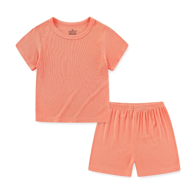 2 Pieces Solid Color Boy Sets 12M-5T Cotton Tops+Shorts Short Sleeve Girl Pajama Sets Active Casual Summer