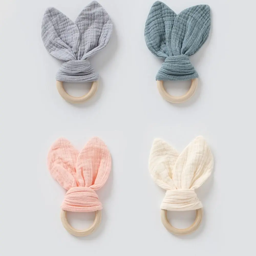 Soft Baby Wooden Hand Grasp Natural Wooden Sensory Newborn Teething Ring Rabbit Ears Bracelet Rattle Chewing Appease Infant