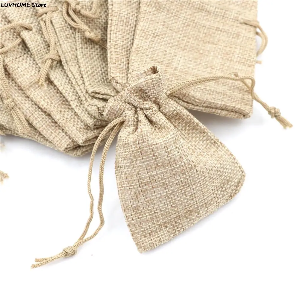 10pcs Small Burlap Jute Sack Linen Pouch Bag Drawstring Wedding Supplies