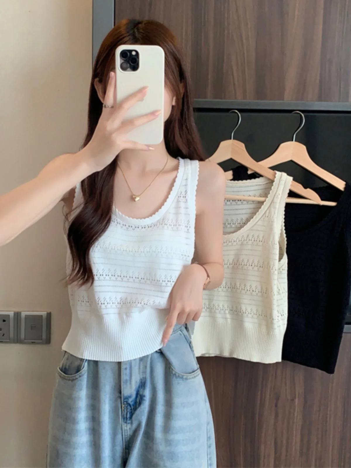 

2026 New Knitted Hollow out Strap Vest Women's plus Size Summer Top Svel Inner Wear Sweet Sle Ice Silk Fabric