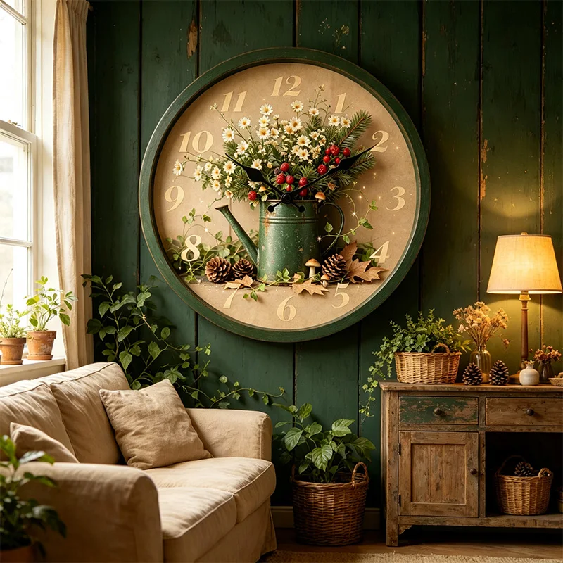 Country Style Watering Can Wildflower Round Wall Clock Non Ticking Quartz Hanging Watch Green Distressed Frame Pinecone Red Berry Fall Floral Wall Ornament Farmhouse Dining Room Decoration
