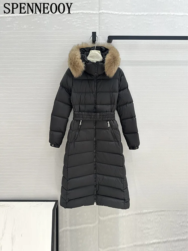 SPENNEOOY Fashion Runway Winter Black Long Style Down Jacket Women's Fur Hooded Long Sleeve Elastic Waist Loose Warm Outerwear