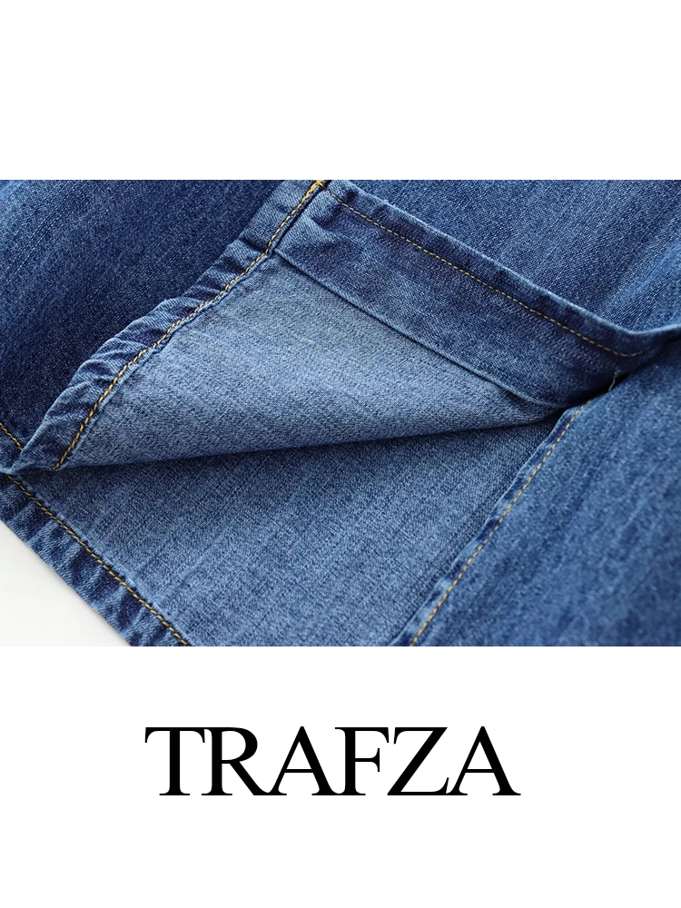 TRAFZA-Camisa jeans de manga comprida de peito único feminina, lapela redonda pequena, camisa casual elegante, moda rua alta