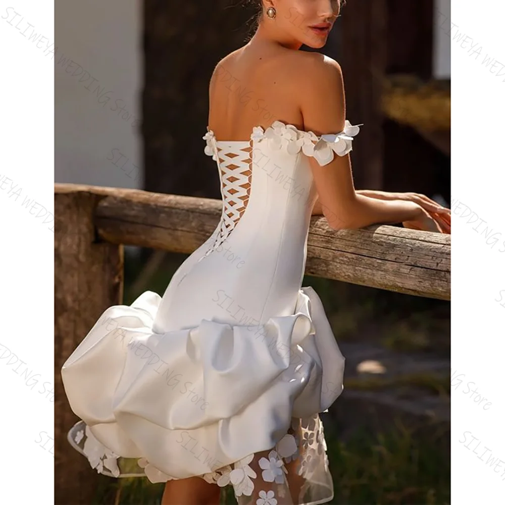 

White Off The Shoulder Short Chic Prom Dresses Elegant Flowers Mini-Length Female Party Evening Gown
