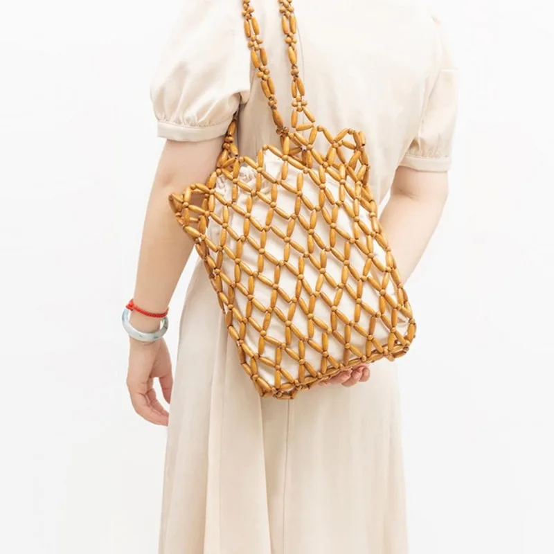 

Fashion Beach Shoulder Bags for Women Boho Style Hollow Out Large Capacity Tote Bags with Lining Leisure Wood Beads Handbag