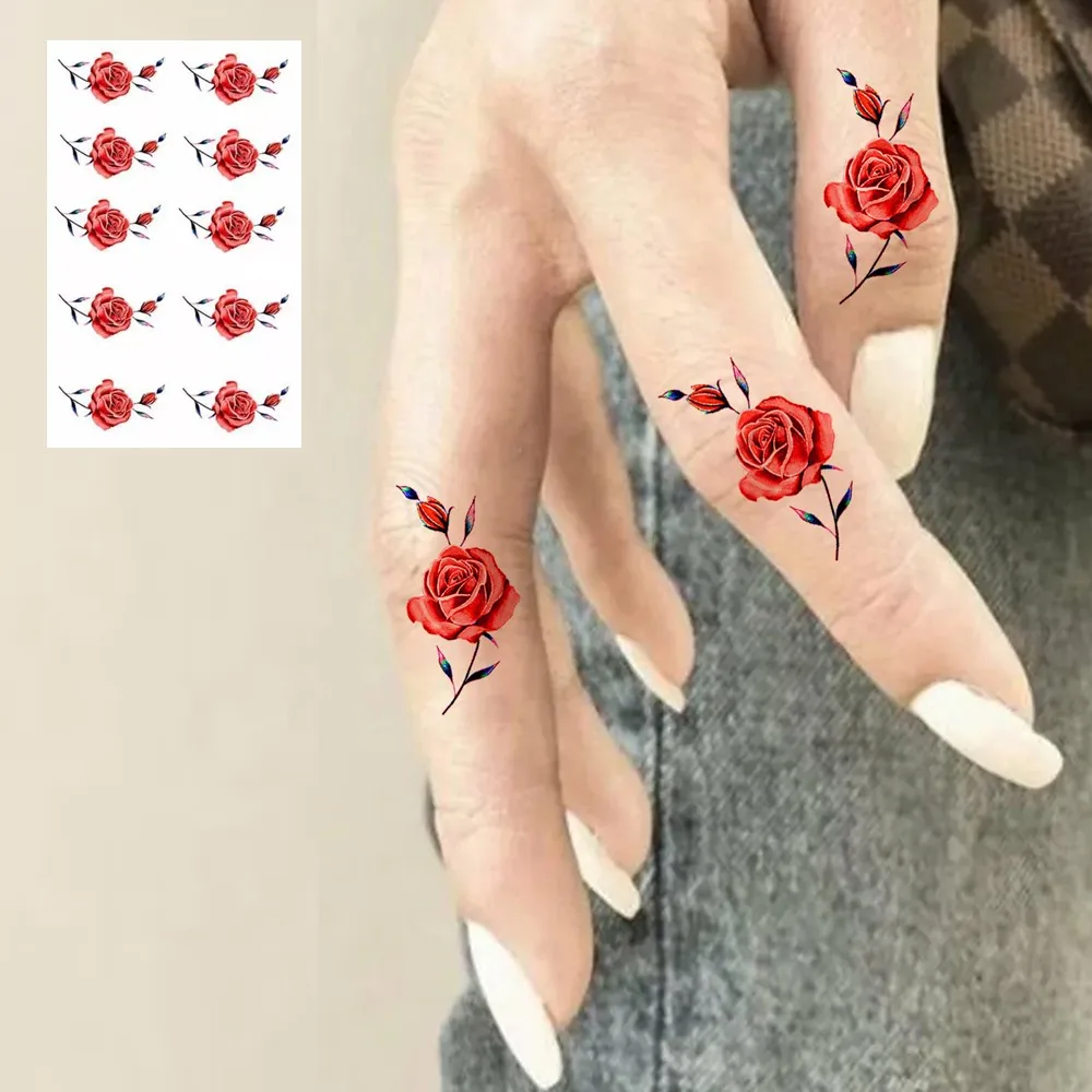 12pcs Red Rose Temporary Tattoo Stickers Small Flower Finger Tattoos For Women Body Art Hands Waterproof Disposable Fake Tattoo