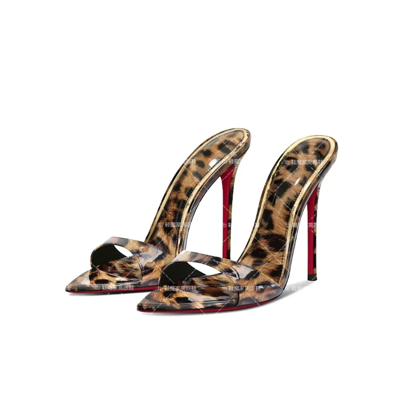 Summer New Leopard Print Pointed Semi Drag Minimalist High Heels for Women, Ultra-Fine Heel Slippers, Open Toed Sandals
