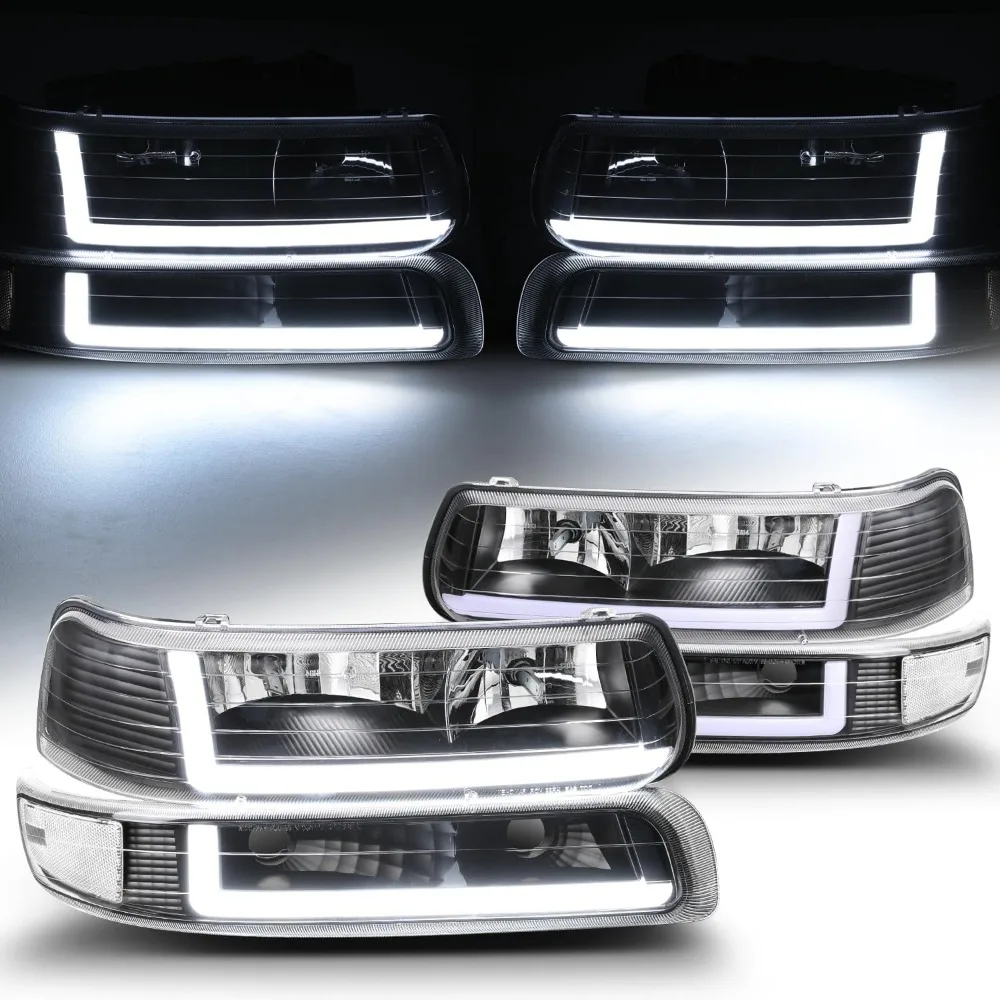 

Pre Installed Bulb Headlight Assembly Compatible with 99 02 Silverado 00 06 Suburban Tahoe Black Housing Clear Lens DRL