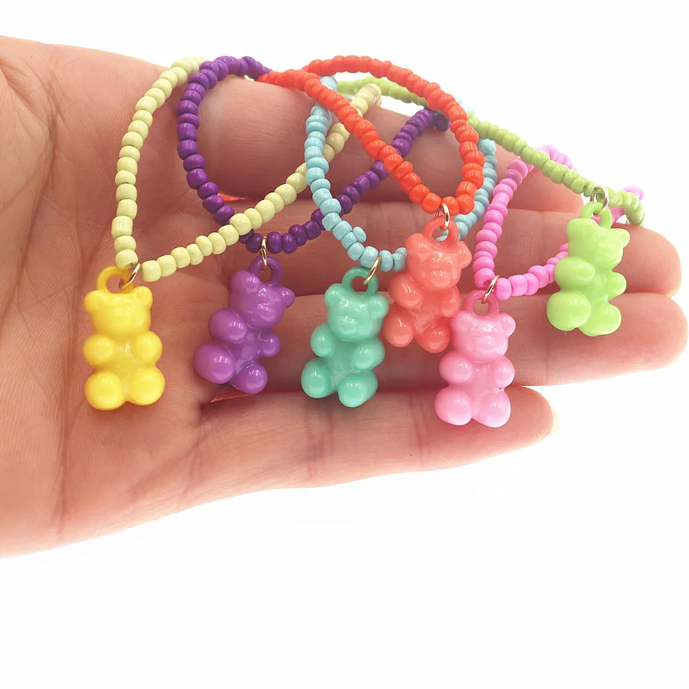 Teddy Bear Pendant Necklace Colorful Resin Beads Chain Gummy Bear Necklaces For Girls Birthday Gift Fashion Women Jewelry