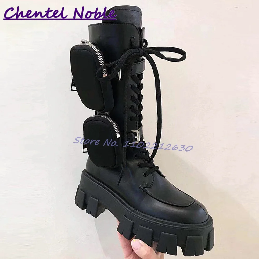 Black Motorcycle Boots Thick Sole Pockets Lace Up Leather Ankle Boots Newest Fashion Cool Comfortable Women Shoes Daily Leisure