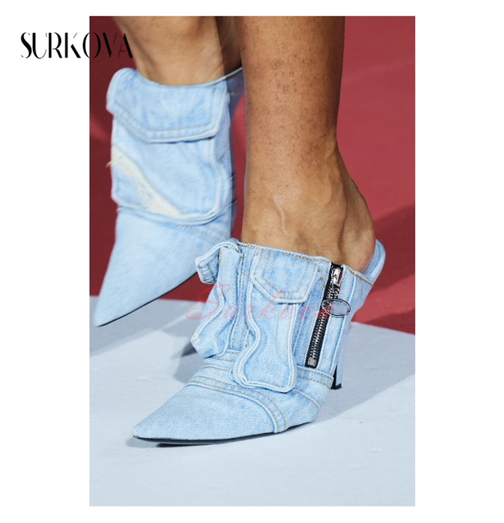 Vintage Denim Pocket Pumps Pointed Toe Slingback High Heels for Women Sexy Stilettos Outdoor Runway Shoes Women\'s Fashion Shoes