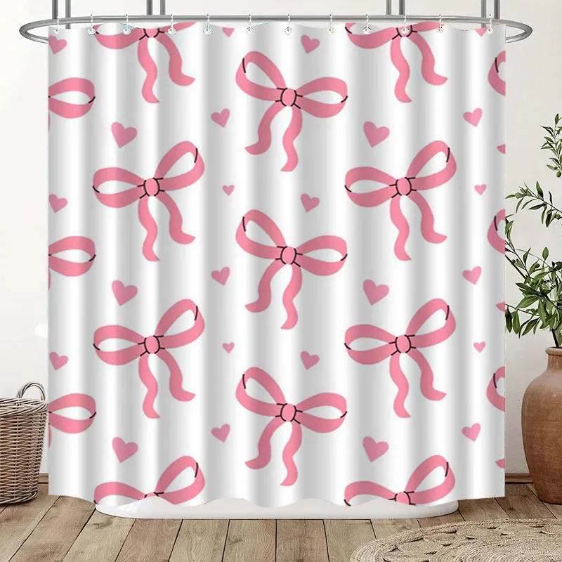 

Shower curtain with bow and heart pattern, with hooks, polyester fabric, machine washable, suitable for bathroom shower curtains