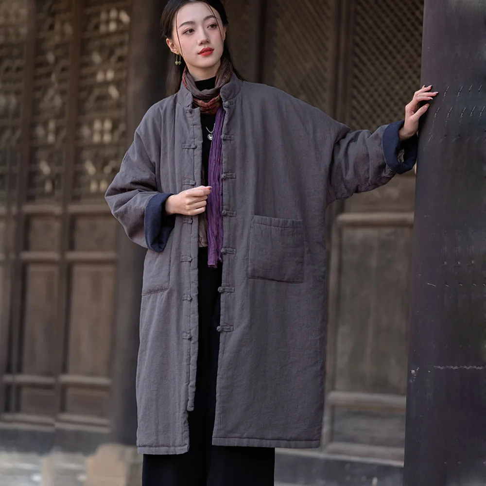 Winter Women Long Coat New Chinese Retro Frog Tray Buckle Loose Seam Thickened Cotton Linen Solid Color Casual Coat With Pockets