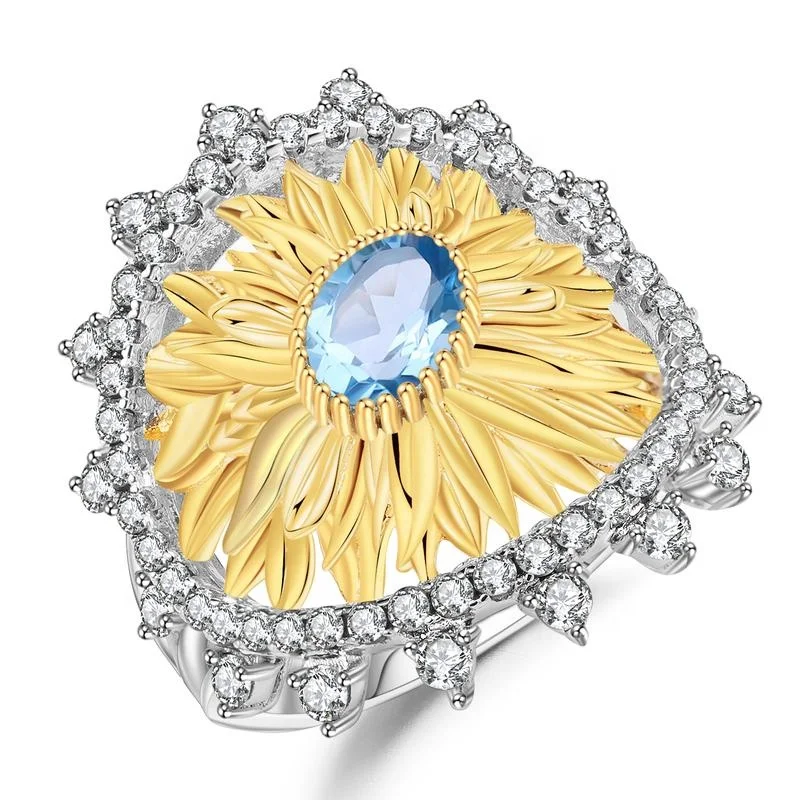 

Natural Swiss Blue Topaz 925 Sterling Silver Gold Pated Sunflower Wholesale Fashion thailand Style women Ring Jewelry