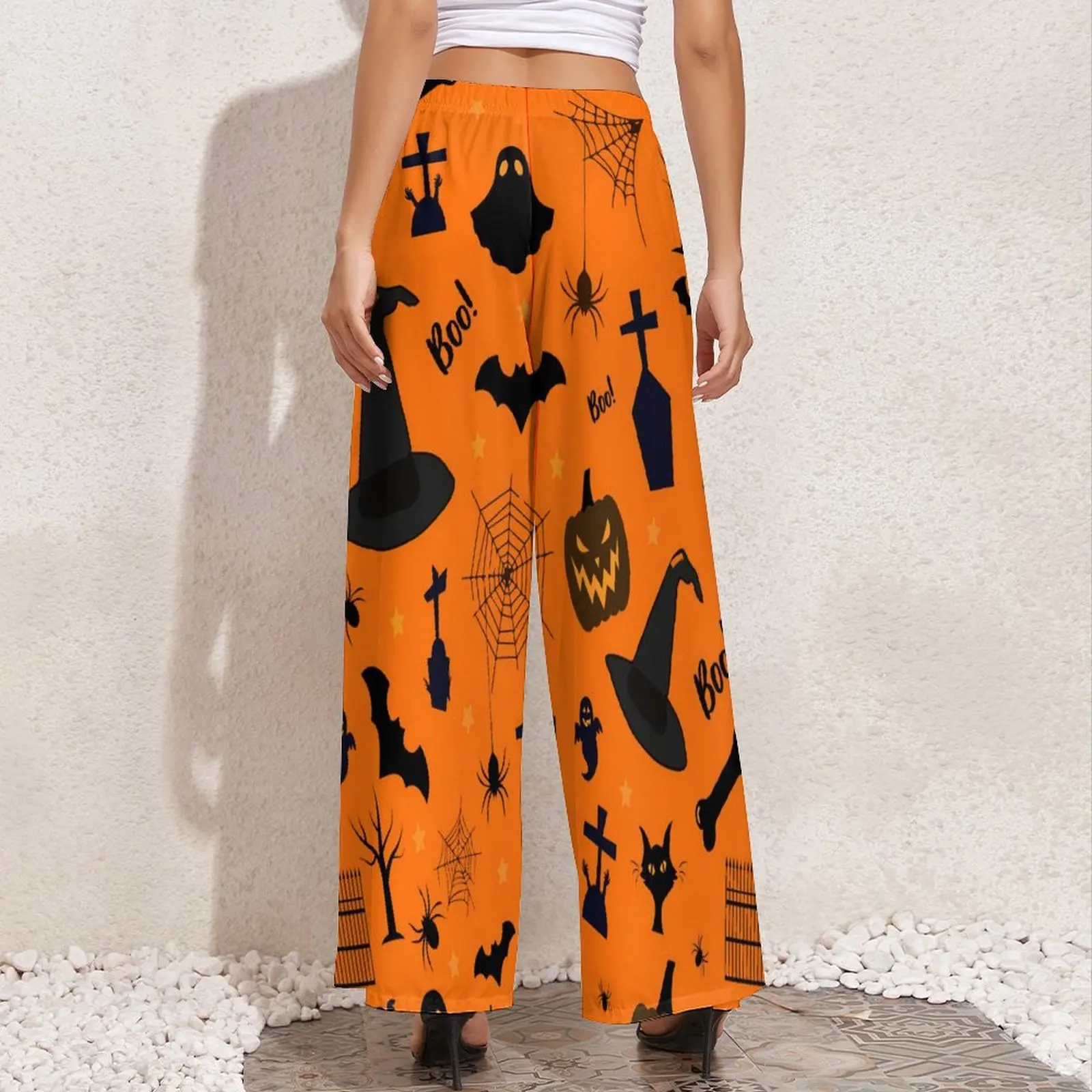 Happy Haunts Pants Female Halloween Cat Ghost Harajuku Trousers Elastic Waist Trendy Wide Leg Pants Gift