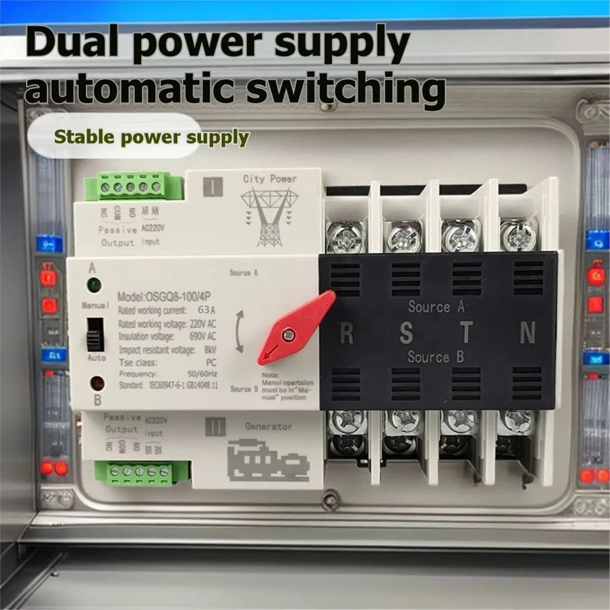 (A99Z] 63A Din Rail ATS Dual Power Automatic Transfer Switch 4P Uninterrupted Power Generator 50/60Hz EU Plug