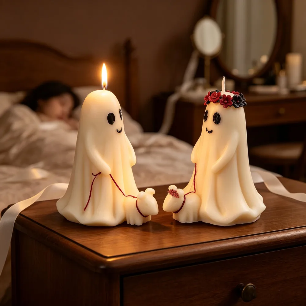 Halloween Ghost Bride & Groom Candle Mold with Couple Ghost Walking Dog Statue Detail Mold DIY Candle,Soap Making Craft Lovers view 4