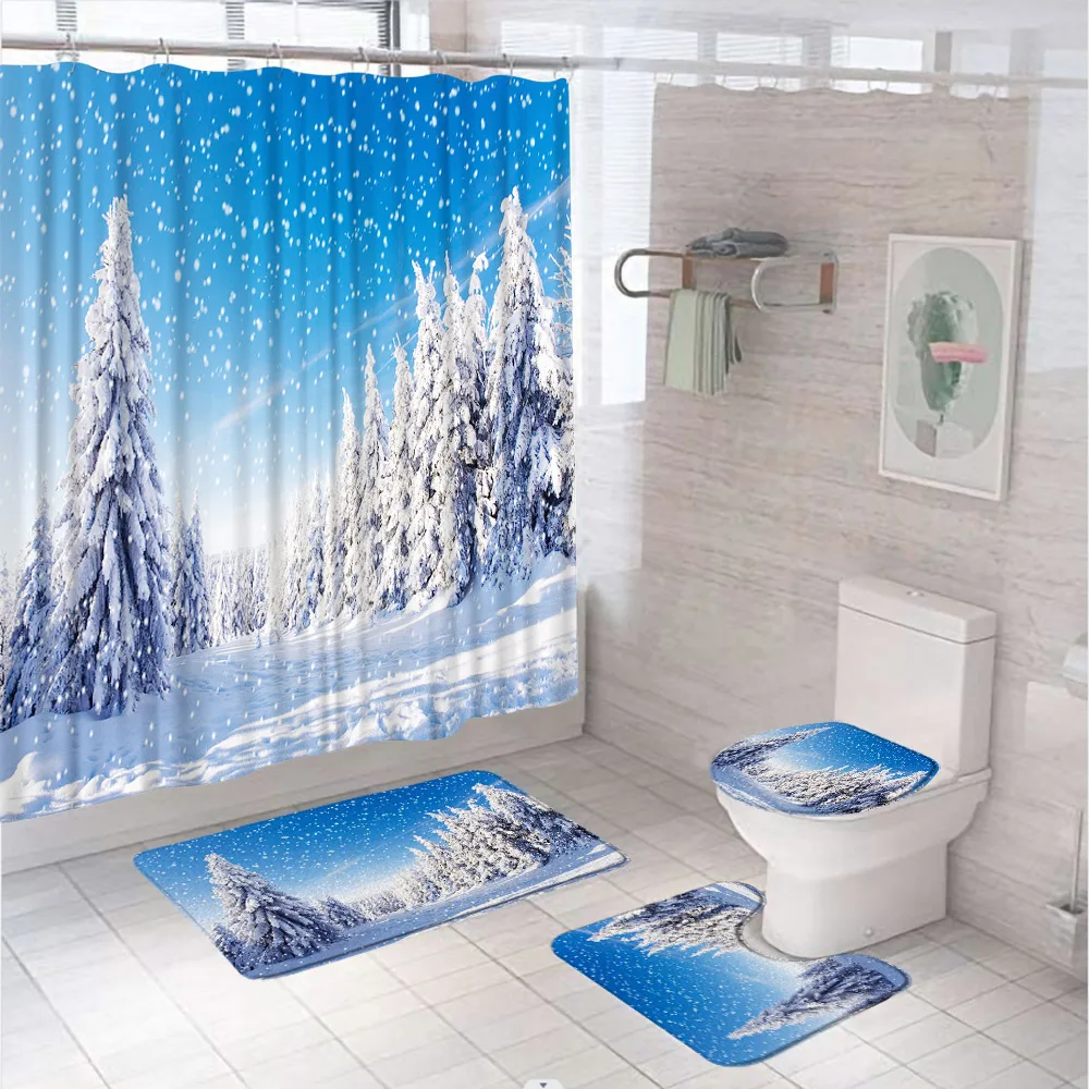 

Winter Shower Curtain Set Natural Forest Snowflake Snowfall Cedar Tree Landscape Flannel Bath Mat Bathroom Rug Toilet Seat Cover