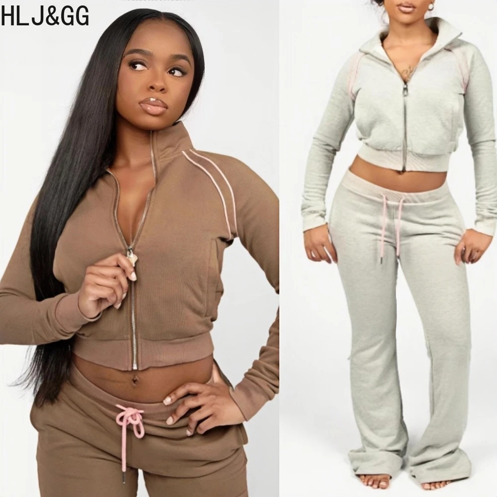 HLJ &GG Осенние повседневные однотонные спортивные комплекты из двух предметов, женский укороченный топ на молнии с длинными рукавами и брюки на шнурке, модные спортивные костюмы