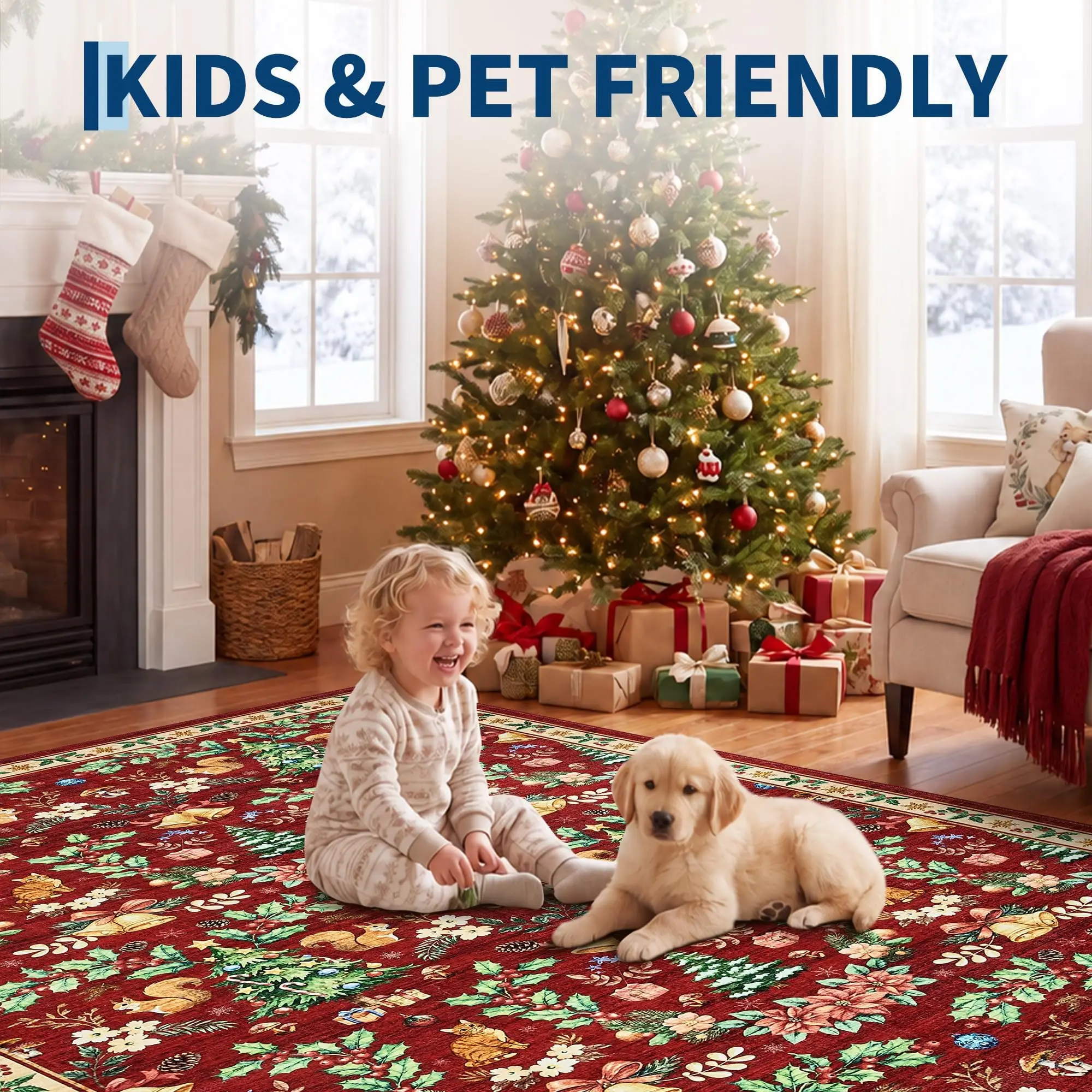 Christmas Runner Rug 2x6 ft - Washable Non-Slip Holiday Carpet for Living Room, Hallway, Kitchen, Bedroom Red
