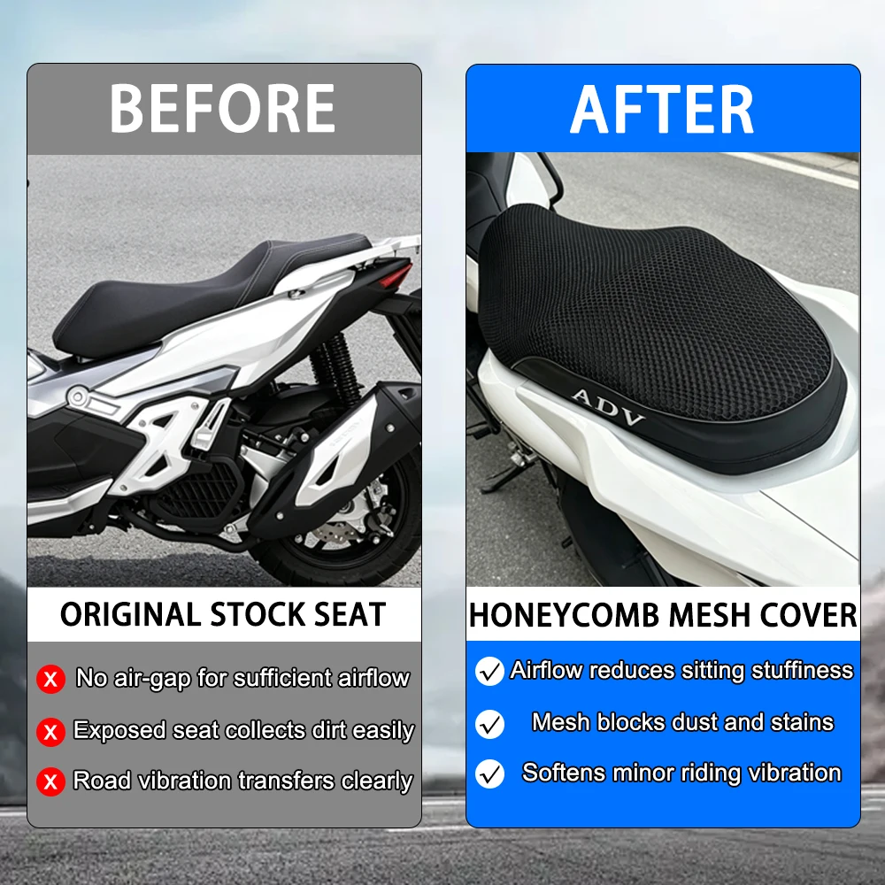 Motorcycle Anti-Slip Honeycomb Seat Cushion Cover Breathable Mesh Seat Cover Black For Honda ADV150 ADV 150 2019 2020 - 2023