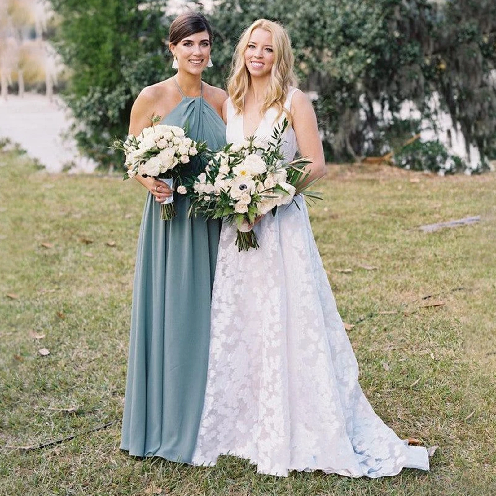 Vestidos de dama de honor sin mangas con cuello Halter para Mujer, vestido de fiesta de boda de línea a, gasa, longitud hasta el suelo, elegante