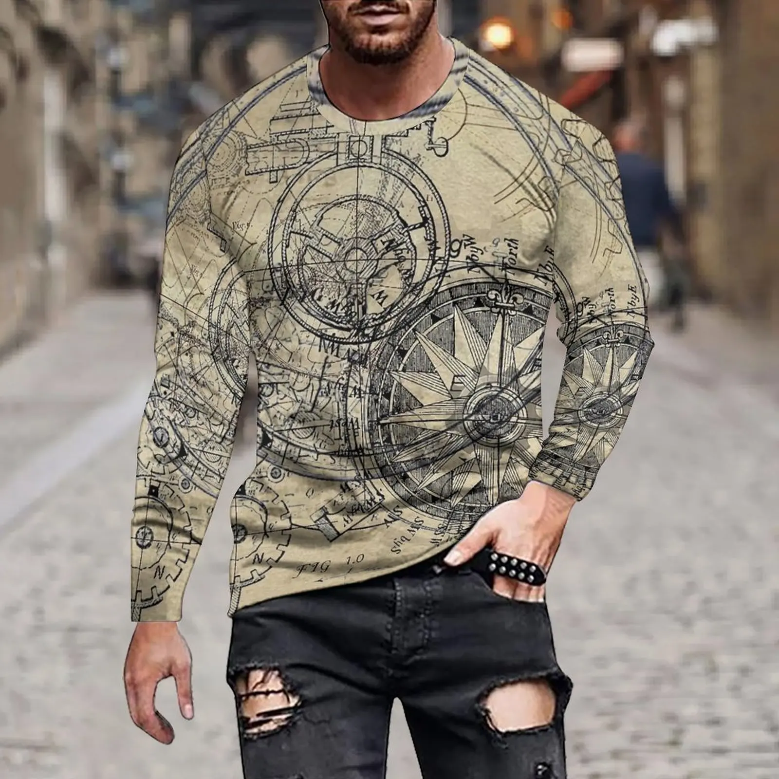 Spring And Autumn Men's Fashion Long Sleeve Loose Casual Solid Color Irregular Digital Formula Printed Round Neck Hoodie