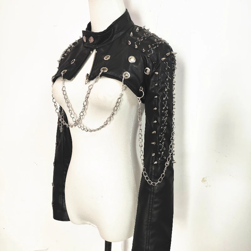 European American Gothic Punk Hot Girl Rivet Chain Women's Jacket New Stand-Up Neck Long Sleeve Short PU Leather Coat Ladies